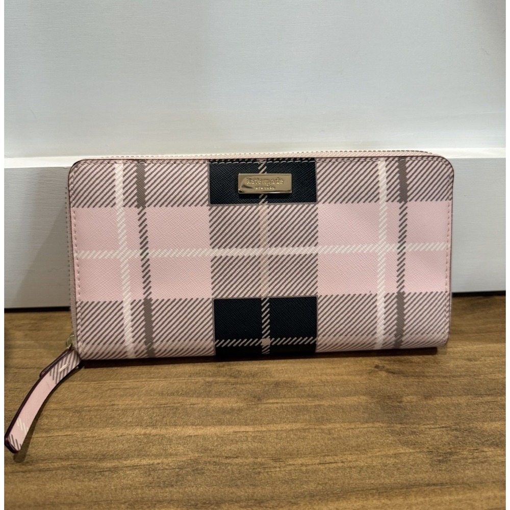 Kate Spade Wallet Pink Plaid Saffiano Leather Zip Around Continental Organizer